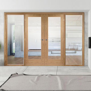 Image: ThruEasi Oak Room Divider - Pattern 10 Clear Glass Unfinished Door Pair with Full Glass Sides