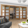Five Folding Doors & Frame Kit - Shaker Oak 4 Pane 3+2 - Obscure Glass - Prefinished