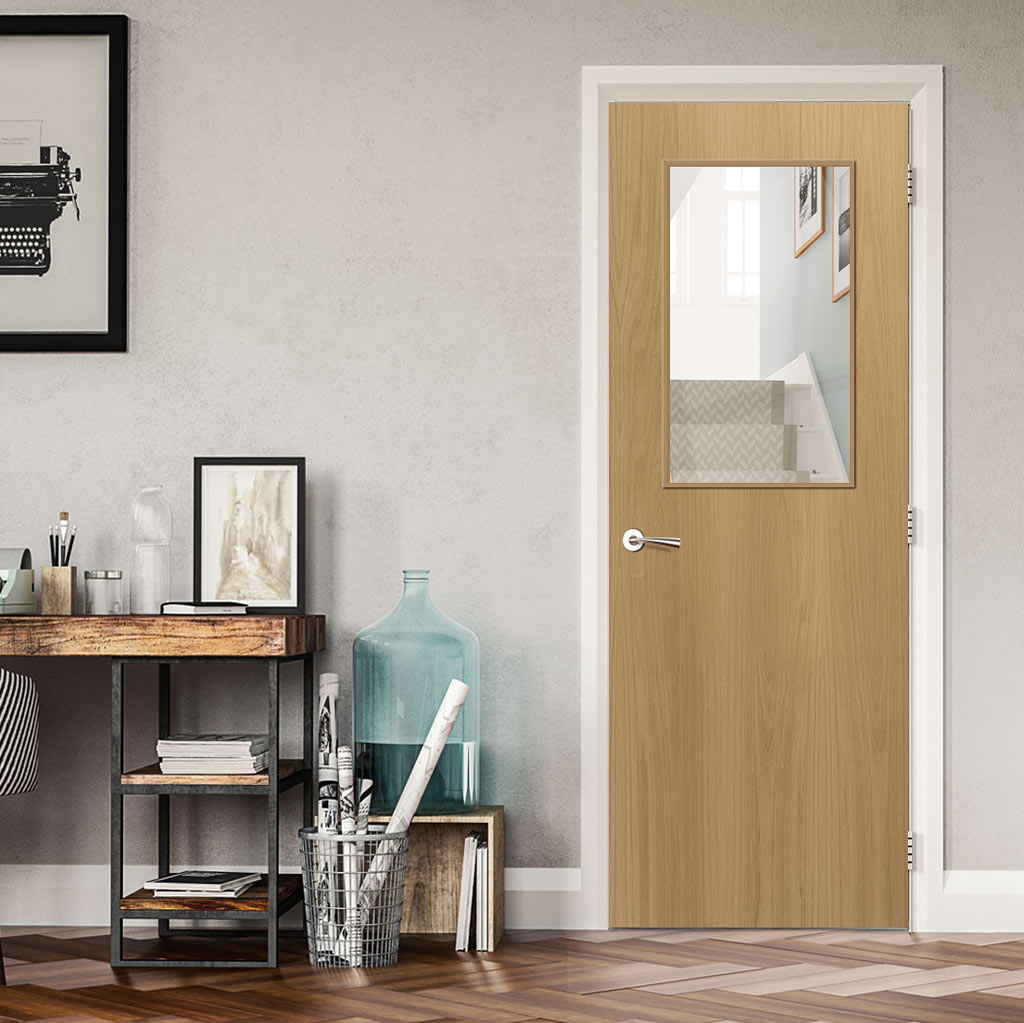 Bespoke Fire Door - Flush American White Oak Veneer - 30 Minute Fire Rated - Clear Glass - 01 - Prefinished
