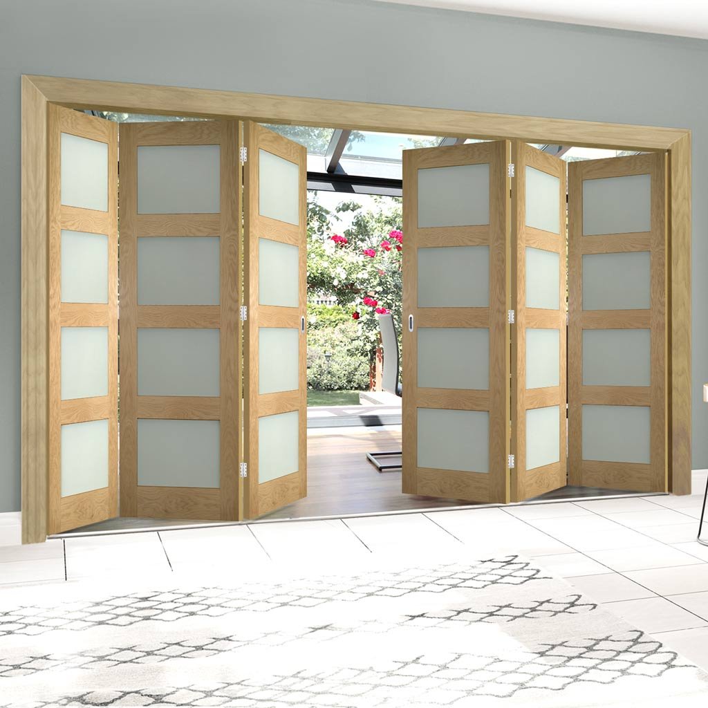 Six Folding Doors & Frame Kit - Coventry Shaker Oak 3+3 - Frosted Glass - Unfinished