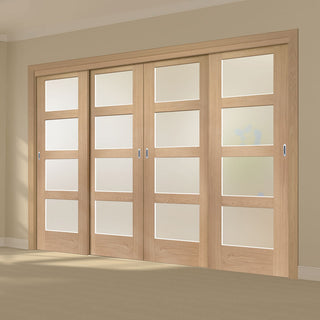 Image: Four Sliding Maximal Wardrobe Doors & Frame Kit - Shaker Oak 4 Pane Door - Obscure Glass - Prefinished
