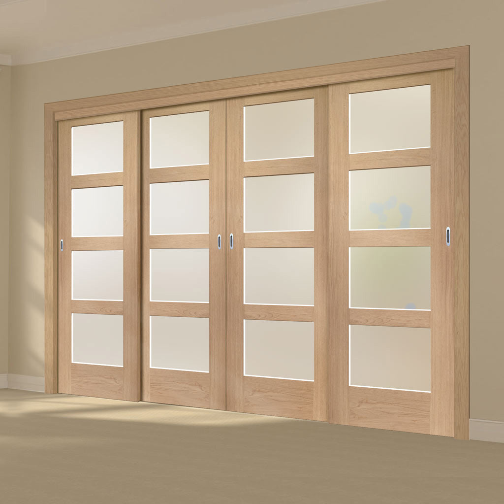 Minimalist Wardrobe Door & Frame Kit - Four Shaker Oak 4 Pane Door - Obscure Glass - Prefinished