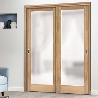 Image: Two Sliding Doors and Frame Kit - Pattern 10 Oak Door - Frosted Glass - Unfinished