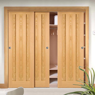 Image: Minimalist Wardrobe Door & Frame Kit - Three Idaho 3 Panel Oak Doors - Unfinished 