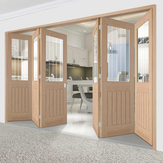 Image: Six Folding Doors & Frame Kit - Belize Oak 3+3 - Silkscreen Etched Clear Glass - Unfinished