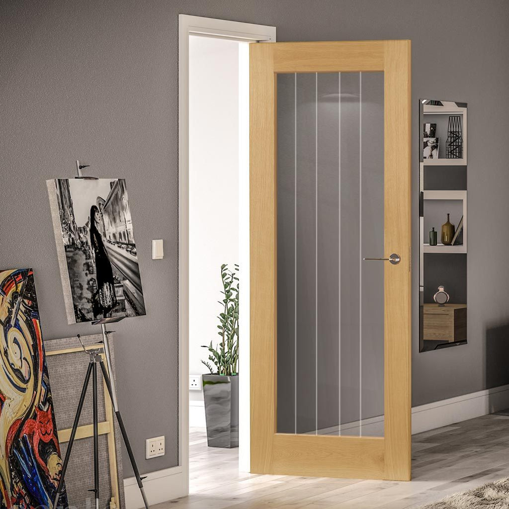 Bespoke Ely 1L Full Pane Oak Internal Door - Clear Etched Glass - Prefinished