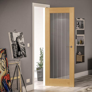Image: Bespoke Ely 1L Full Pane Oak Internal Door - Clear Etched Glass - Prefinished