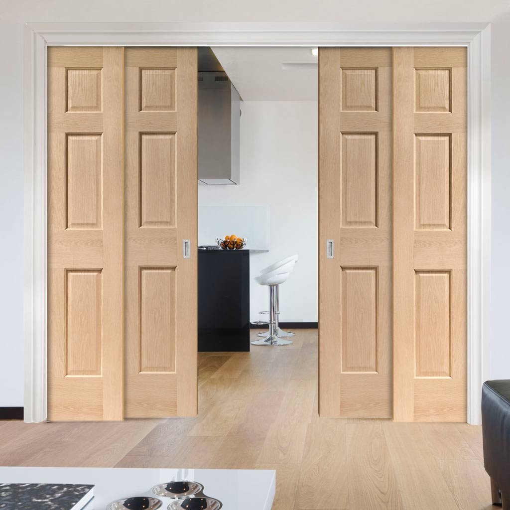 Colonial 6 Panel Oak Veneer Staffetta Quad Telescopic Pocket Doors - No Raised Moulding