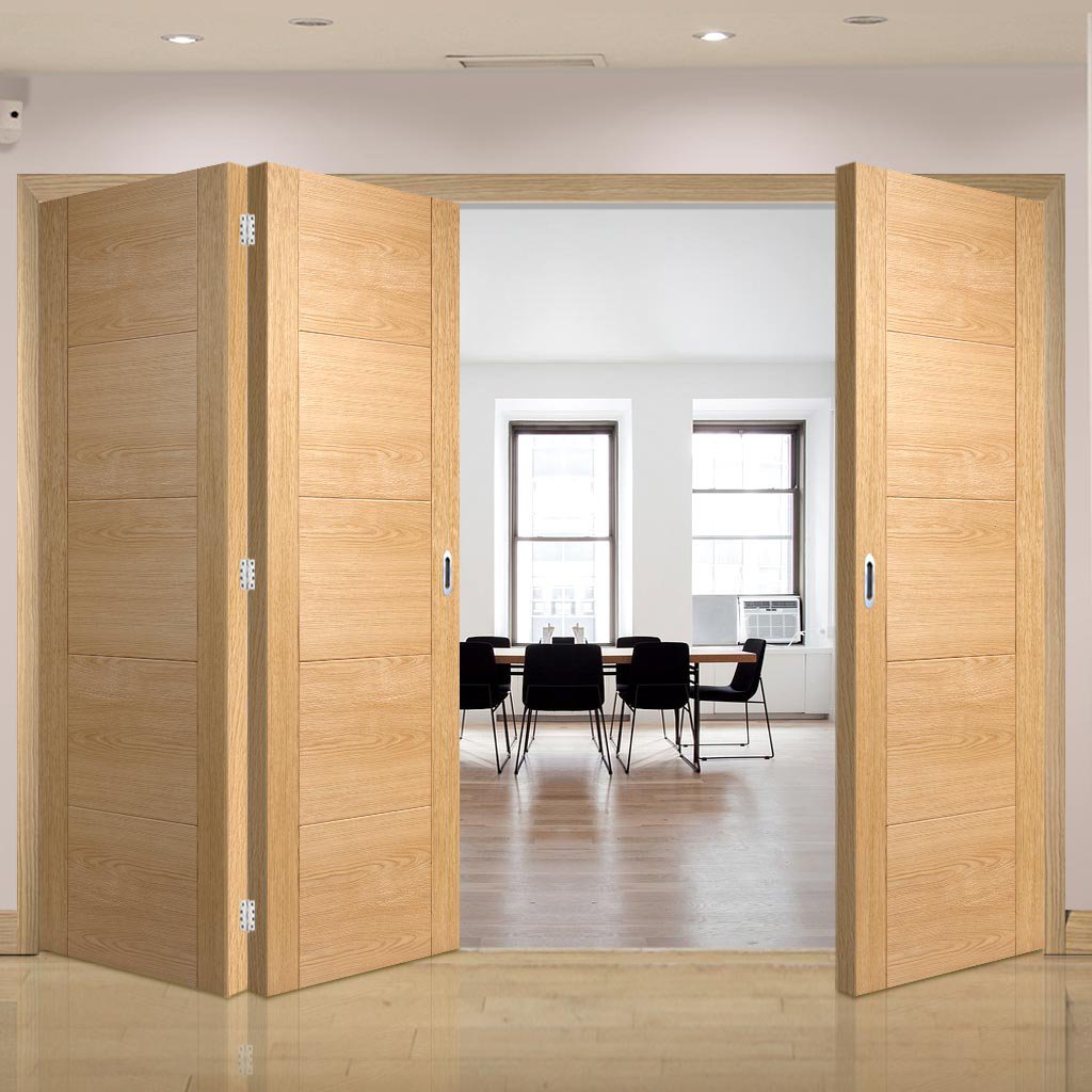 Three Folding Doors & Frame Kit - Vancouver 5 Panel Effect Flush Oak 2+1 - Prefinished