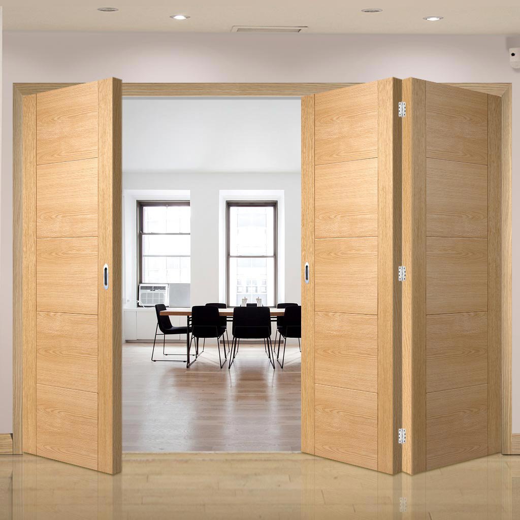 Three Folding Doors & Frame Kit - Vancouver 5 Panel Effect Flush Oak 2+1 - Prefinished