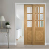 Kensington Oak Veneer Staffetta Twin Telescopic Pocket Doors - Clear Bevelled Glass - Prefinished