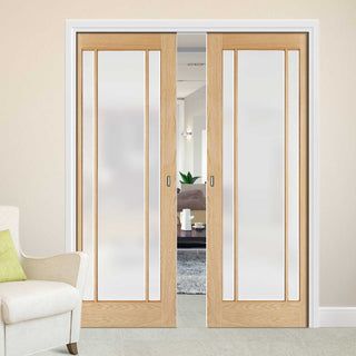 Image: Lincoln Glazed Oak Double Evokit Pocket Doors - Frosted Glass