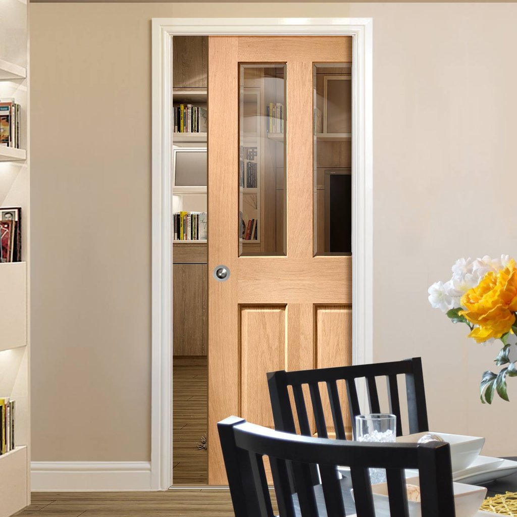 Malton Oak Single Evokit Pocket Door - Bevelled Clear Glass - No Raised Moulding