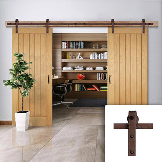 Image: Double Sliding Door & Straight Antique Rust Track - Mexicano Oak Doors - Unfinished