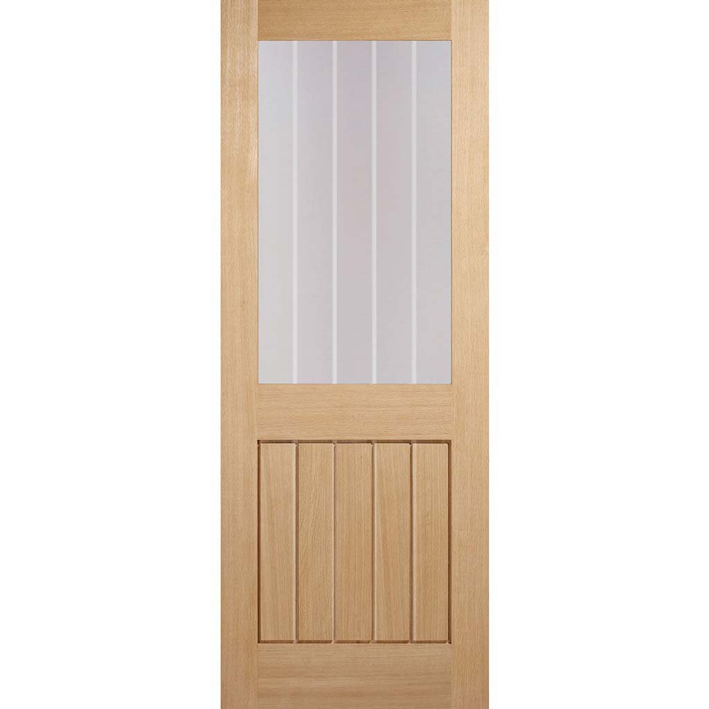Mexicano Oak Single Evokit Pocket Door Detail - Half Light Clear Glass - Frosted Lines
