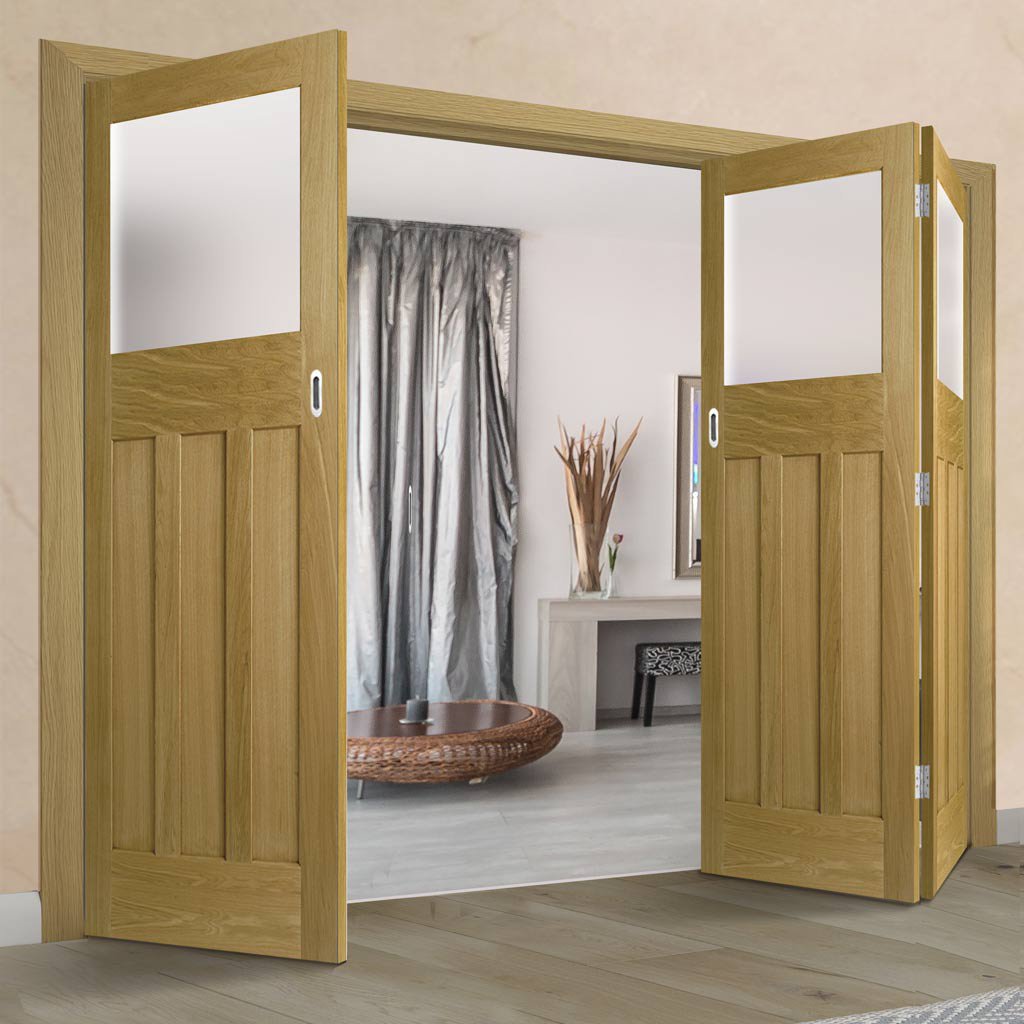 Three Folding Doors & Frame Kit - 1930's Oak Solid 2+1 - Frosted Glass