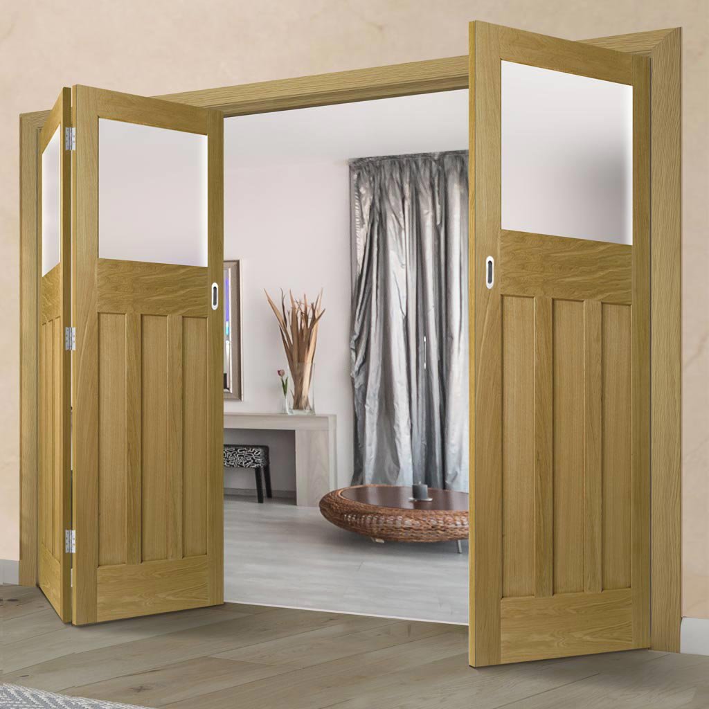 Three Folding Doors & Frame Kit - 1930's Oak Solid 2+1 - Frosted Glass