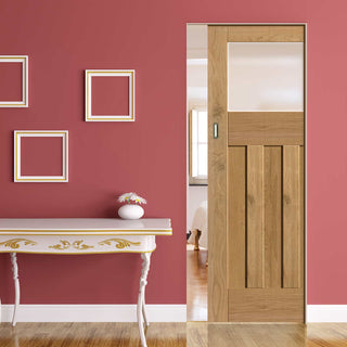 Image: Rustic Oak 1930 DX Shaker Absolute Evokit Pocket Door - Prefinished - Obscure Glass