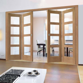 Image: Four Folding Doors & Frame Kit - Shaker Oak 4 Pane 2+2 - Clear Glass - Unfinished