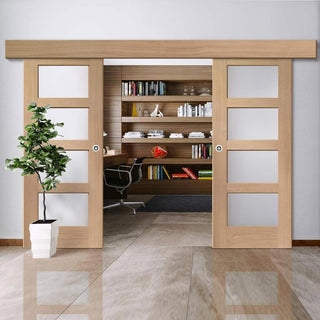 Image: Double Sliding Door & Wall Track - Shaker Oak Doors - Obscure Glass - Unfinished
