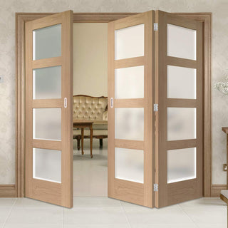 Image: Three Folding Doors & Frame Kit - Shaker Oak 4 Pane 2+1 - Obscure Glass - Prefinished