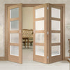 Three Folding Doors & Frame Kit - Shaker Oak 4 Pane 2+1 - Obscure Glass - Prefinished