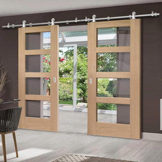 Image: Sirius Tubular Stainless Steel Sliding Track & Shaker Oak 4 Pane Double Door - Clear Glass - Unfinished