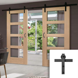 Image: Double Sliding Door & Black Barn Track - Shaker Oak 4 Pane Doors - Clear Glass - Prefinished