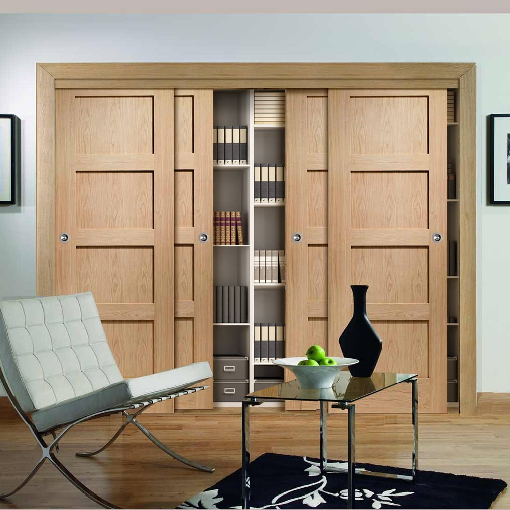 Four Sliding Maximal Wardrobe Doors & Frame Kit - Shaker Oak 4 Panel Door - Prefinished