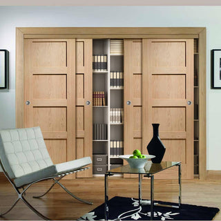 Image: Four Sliding Maximal Wardrobe Doors & Frame Kit - Shaker Oak 4 Panel Door - Prefinished