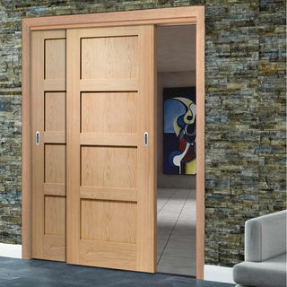 Image: Pass-Easi Two Sliding Doors and Frame Kit - Shaker Oak 4 Panel Door - Prefinished