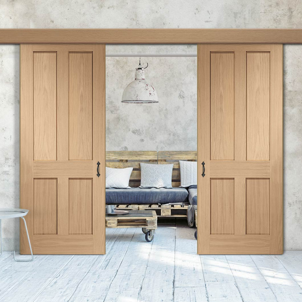 Double Sliding Door & Wall Track - Victorian 4 Panel Oak Shaker Door