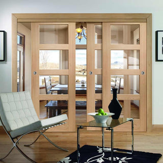 Image: Three Sliding Doors and Frame Kit - Shaker Oak 4 Pane Door - Clear Glass - Prefinished