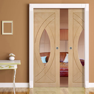 Image: Bespoke Treviso Oak Glazed Double Pocket Door - Prefinished