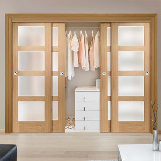 Image: Four Sliding Wardrobe Doors & Frame Kit - Shaker Oak Door - Obscure Glass - Unfinished