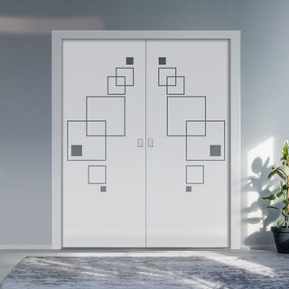 Image: Geometric Square 8mm Obscure Glass - Clear Printed Design - Double Evokit Glass Pocket Door