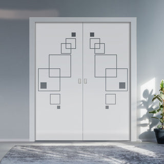 Image: Geometric Square 8mm Obscure Glass - Clear Printed Design - Double Evokit Glass Pocket Door