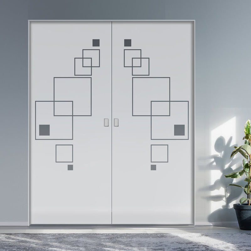 Geometric Square 8mm Obscure Glass - Clear Printed Design - Double Absolute Pocket Door