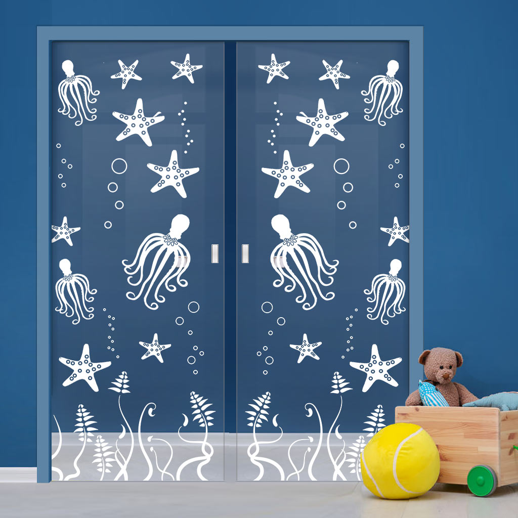 Octopus 8mm Clear Glass - Obscure Printed Design - Double Evokit Glass Pocket Door