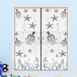 Image: Octopus 8mm Obscure Glass - Clear Printed Design - Double Evokit Glass Pocket Door
