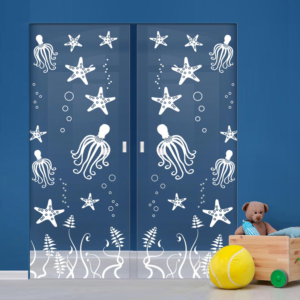 Octopus 8mm Clear Glass - Obscure Printed Design - Double Absolute Pocket Door