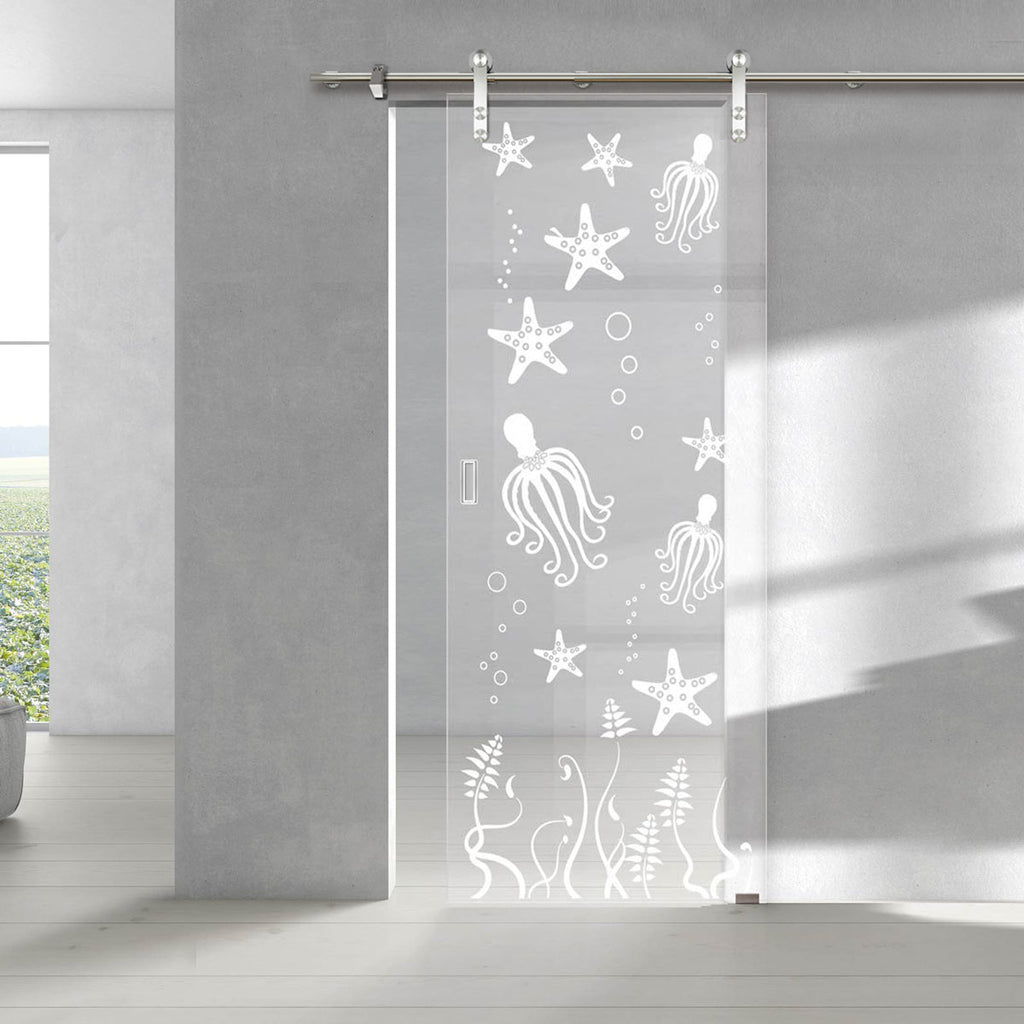 Single Glass Sliding Door - Solaris Tubular Stainless Steel Sliding Track & Octopus 8mm Clear Glass - Obscure Printed Design