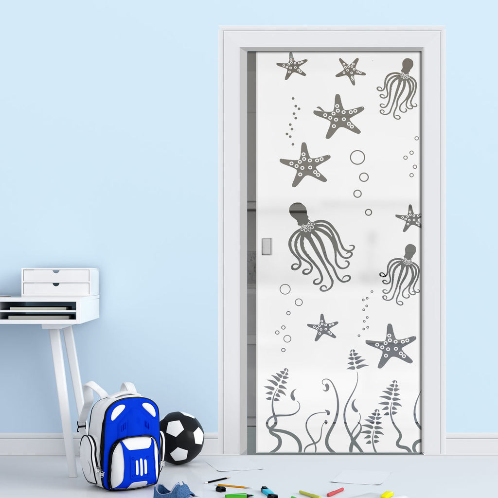 Octopus 8mm Obscure Glass - Clear Printed Design - Single Evokit Glass Pocket Door