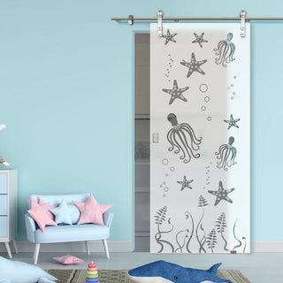 Image: Single Glass Sliding Door - Solaris Tubular Stainless Steel Sliding Track & Octopus 8mm Obscure Glass - Clear Printed Design