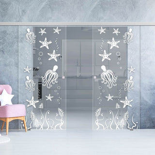 Image: Double Glass Sliding Door - Octopus 8mm Clear Glass - Obscure Printed Design with Elegant Track
