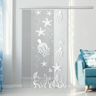 Image: Single Glass Sliding Door - Octopus 8mm Clear Glass - Obscure Printed Design with Elegant Track