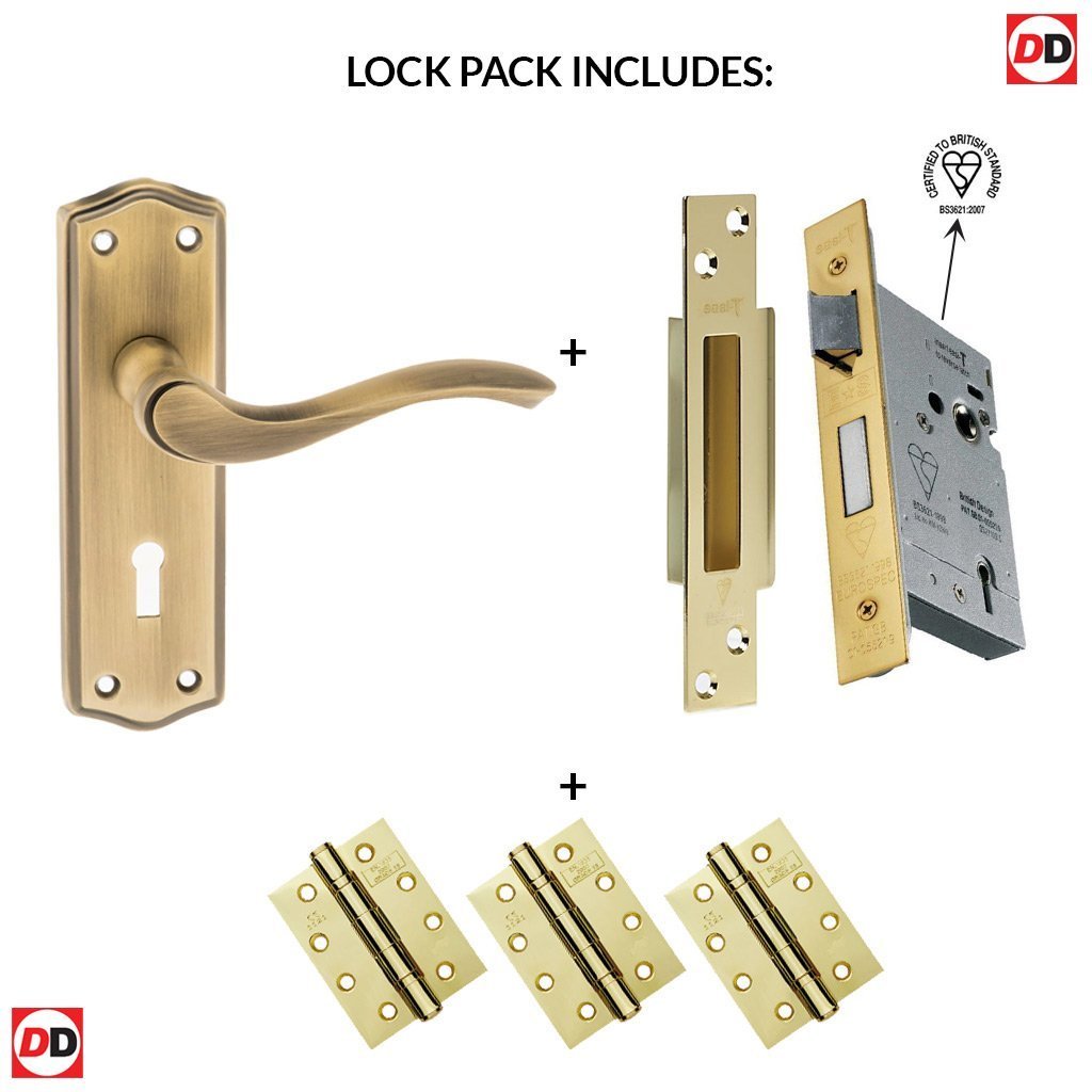 Warwick Old English Lever on Backplate - Key - Matt Antique Brass Handle Pack
