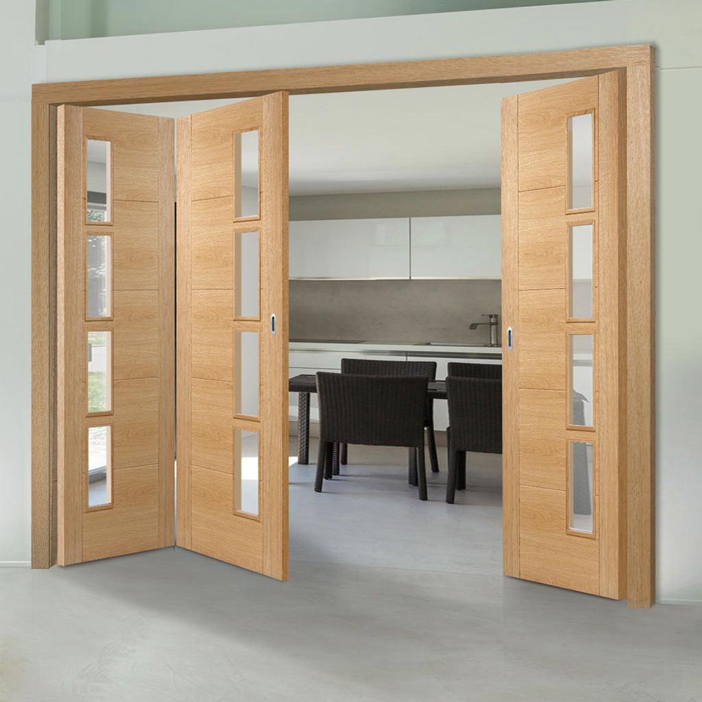 Three Folding Doors & Frame Kit - Vancouver 4 Pane Oak 2+1 - Clear Glazed Offset - Prefinished