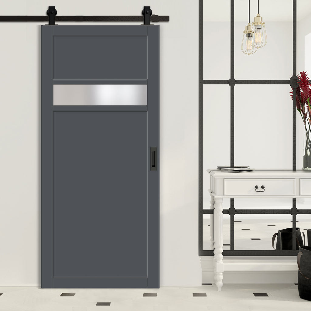 Top Mounted Black Sliding Track & Solid Wood Door - Eco-Urban® Orkney 1 Pane 2 Panel Solid Wood Door DD6403SG Frosted Glass - Stormy Grey Premium Primed