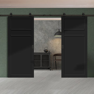 Image: Top Mounted Black Sliding Track & Solid Wood Double Doors - Eco-Urban® Orkney 3 Panel Doors DD6403 - Shadow Black Premium Primed